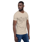 Man wearing beige t-shirt with slot machine schematic diagram, quirky gaming apparel for players