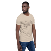 Man wearing beige t-shirt with slot machine schematic diagram, quirky gaming apparel for players