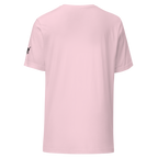 Pink slot-themed t-shirt with black logo on sleeve, smart and quirky design for players