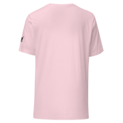 Pink slot-themed t-shirt with black logo on sleeve, smart and quirky design for players