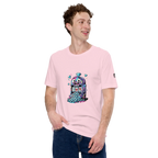 Pink t-shirt with quirky slot machine graphic, featuring lucky 7s and diamonds for casino-themed apparel