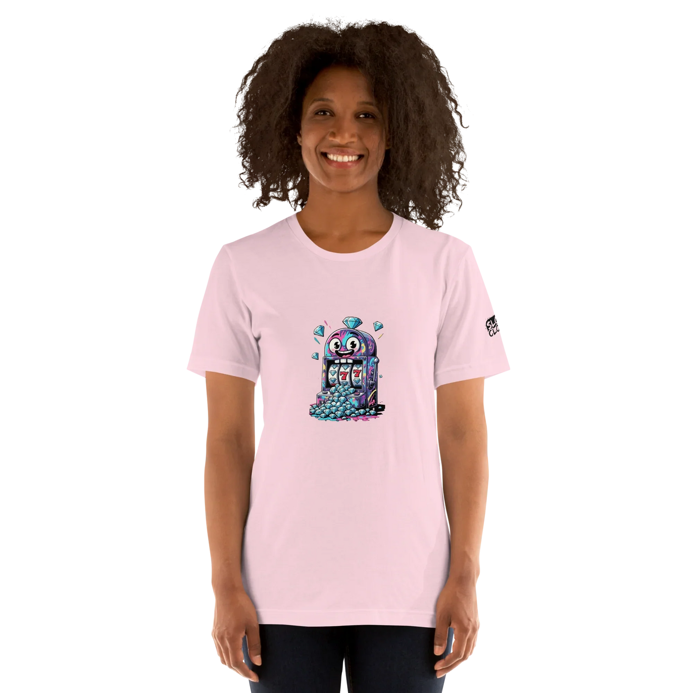Pink t-shirt with quirky slot machine design featuring lucky 7s and diamonds for players