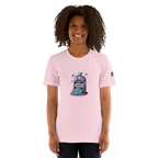 Pink t-shirt with quirky slot machine design featuring lucky 7s and diamonds for players