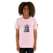 Pink t-shirt with quirky slot machine design featuring lucky 7s and diamonds for players
