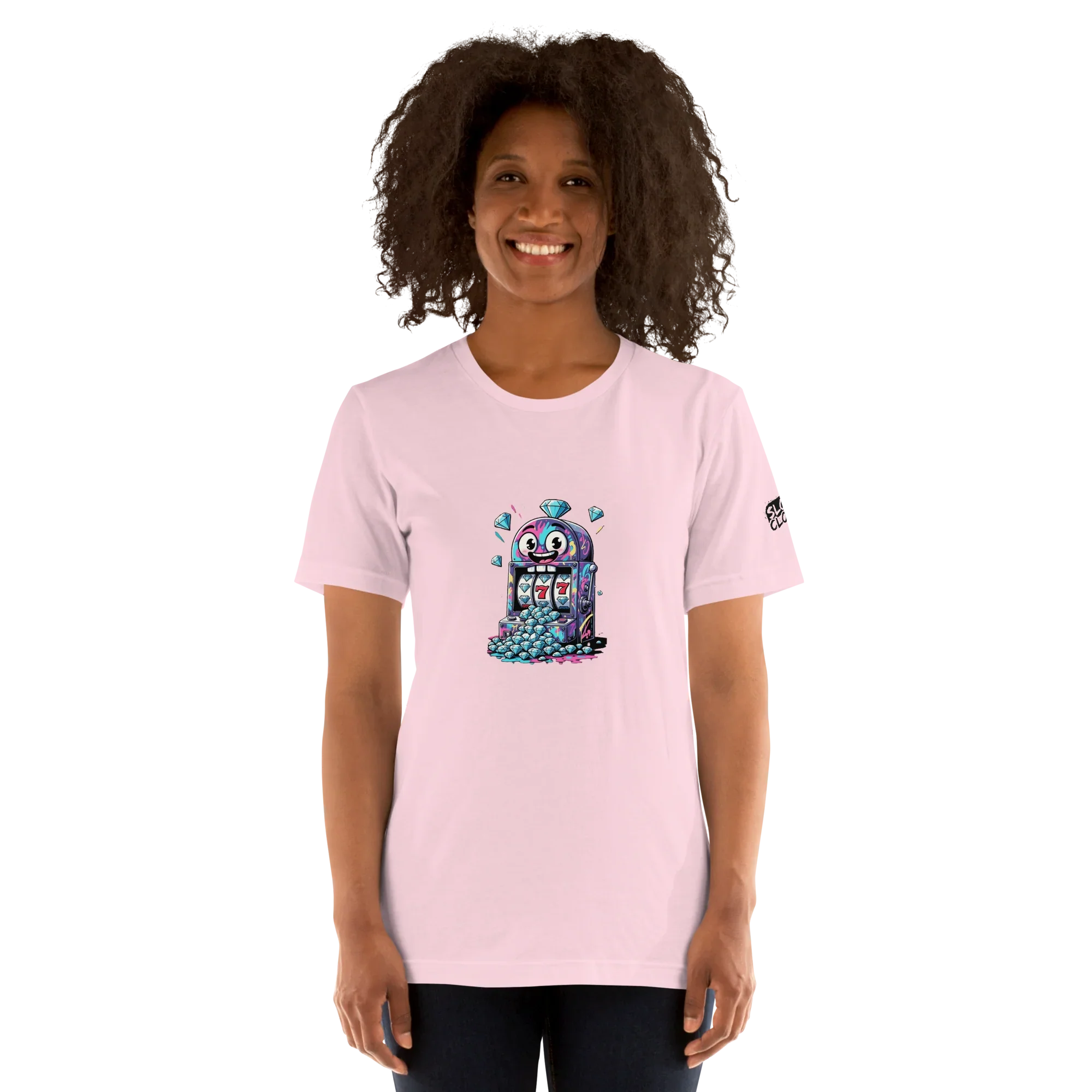 Pink t-shirt with quirky slot machine design featuring lucky 7s and diamonds for players