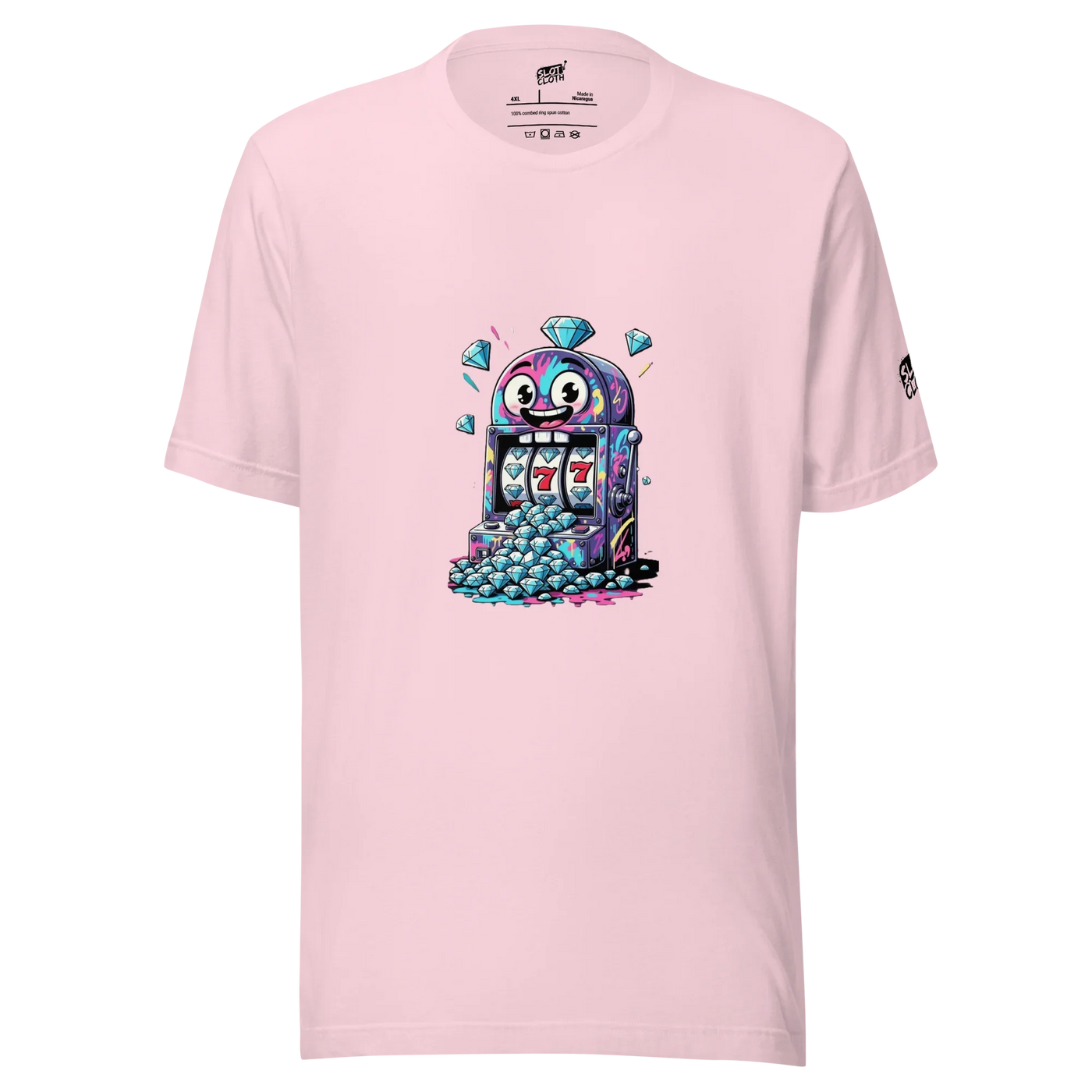 Pink t-shirt with quirky slot machine design featuring 777 and diamonds