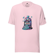 Pink t-shirt with quirky slot machine design featuring 777 and diamonds