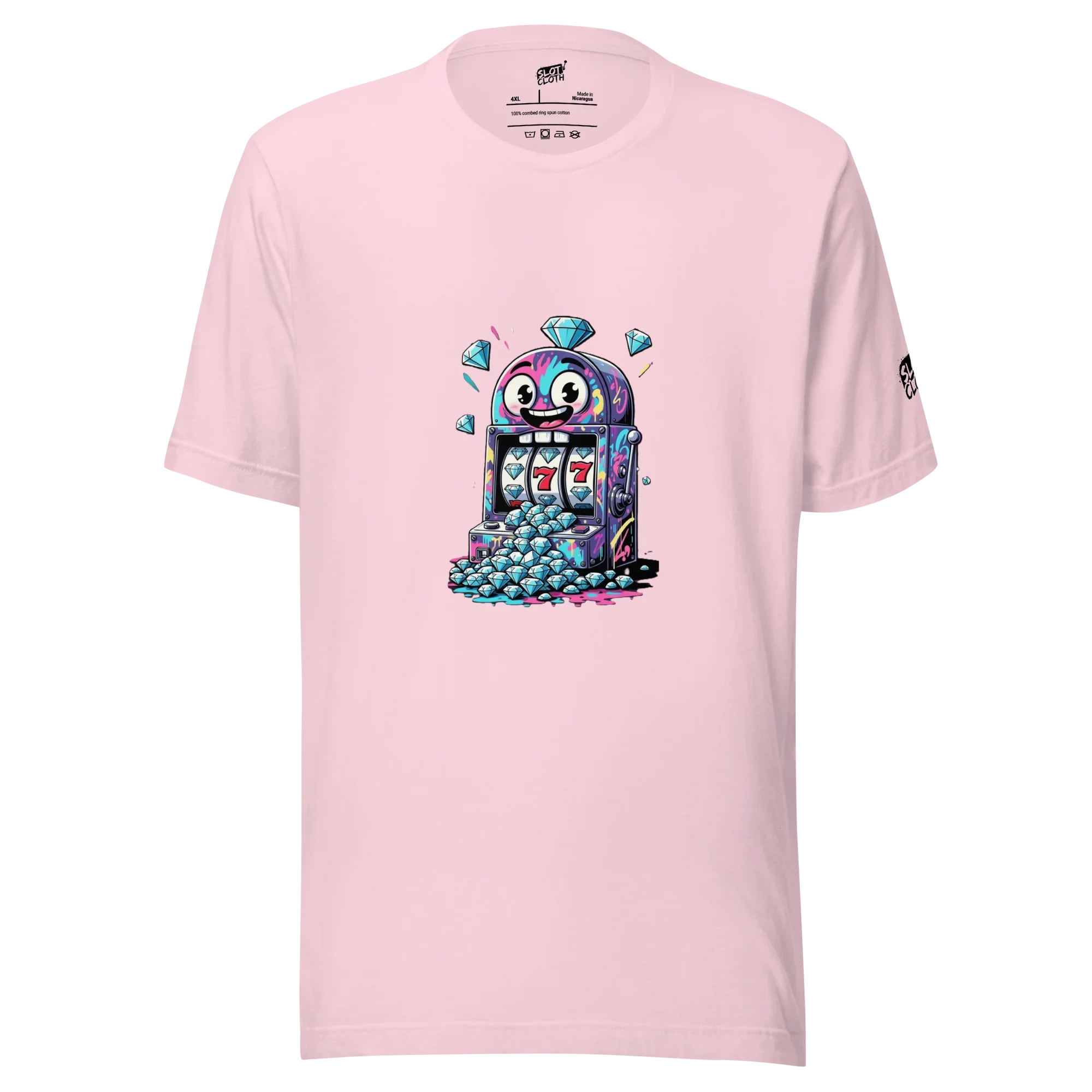 Pink t-shirt with quirky slot machine design featuring 777 and diamonds