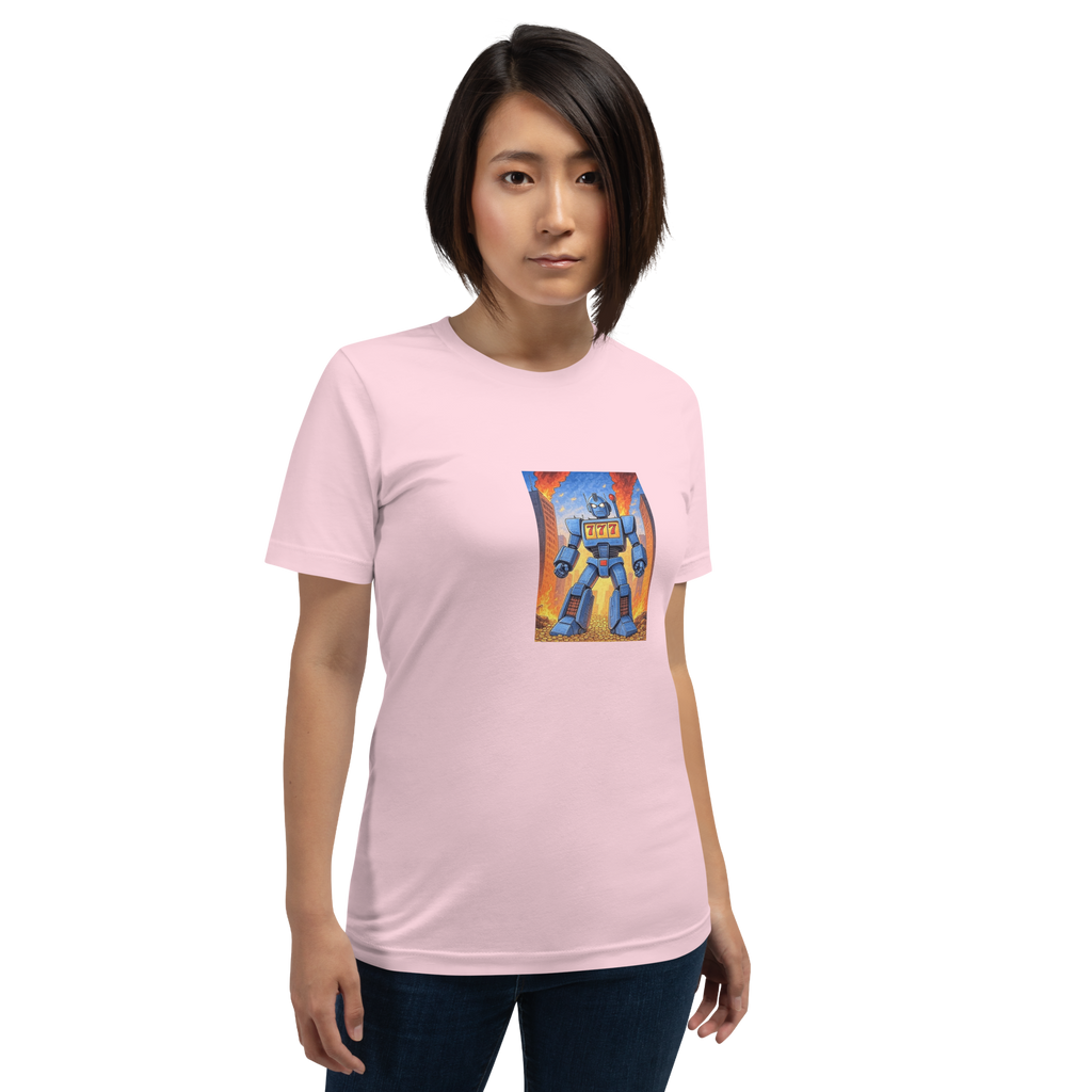 Pink women's t-shirt with blue robot and 777 slot machine graphic, quirky gaming apparel