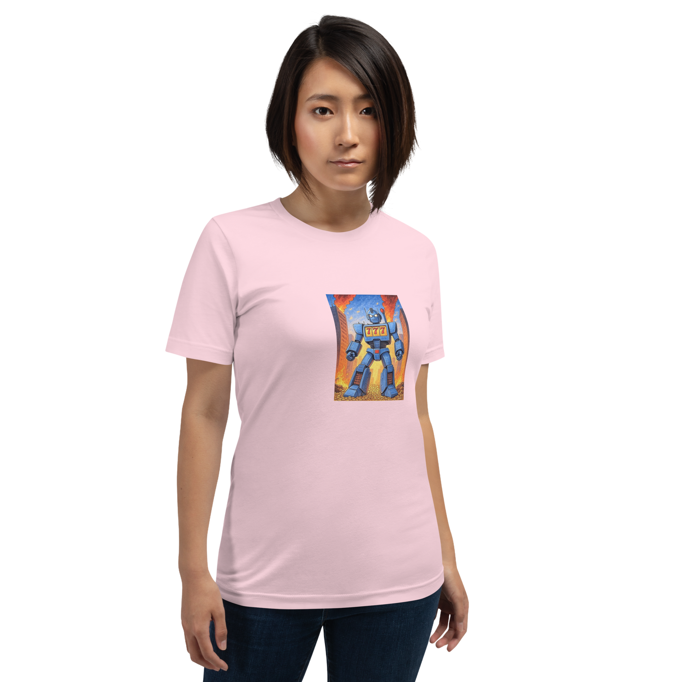 Pink women's t-shirt with blue robot and 777 slot machine graphic, quirky gaming apparel