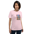 Pink women's t-shirt with blue robot and 777 slot machine graphic, quirky gaming apparel