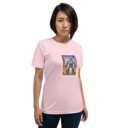 Pink women's t-shirt with blue robot and 777 slot machine graphic, quirky gaming apparel