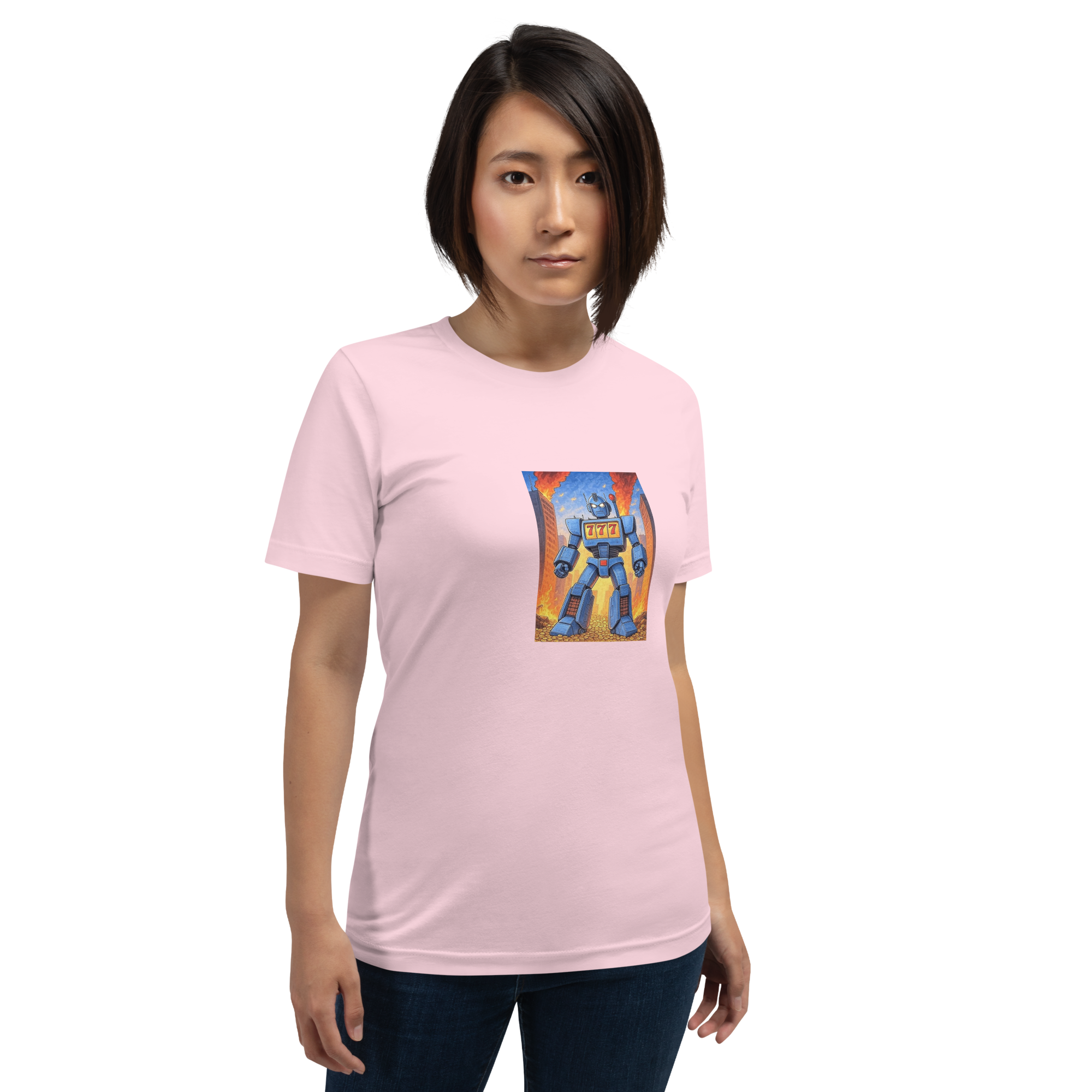 Pink women's t-shirt with blue robot and 777 slot machine graphic, quirky gaming apparel
