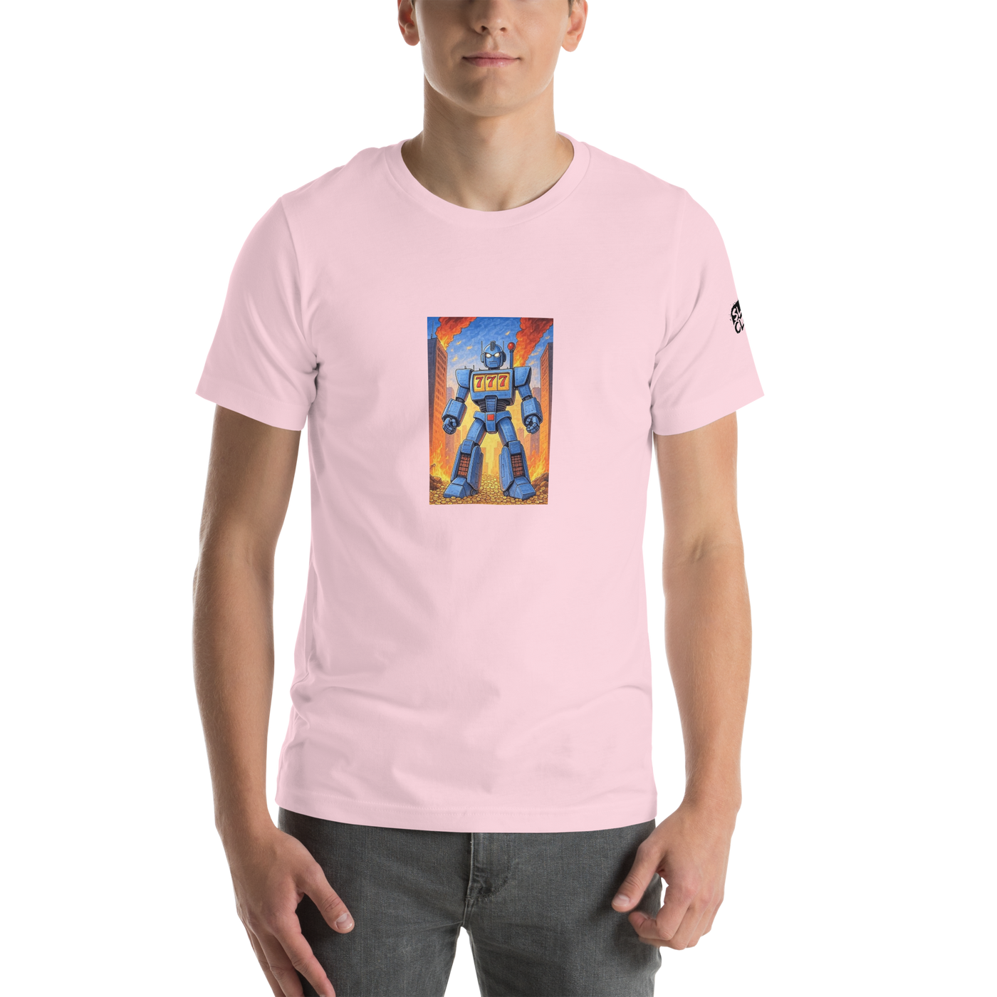 Pink t-shirt with blue robot and 777 slot machine design, quirky gaming apparel