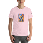 Pink t-shirt with blue robot and 777 slot machine design, quirky gaming apparel