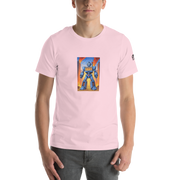 Pink t-shirt with blue robot and 777 slot machine design, quirky gaming apparel