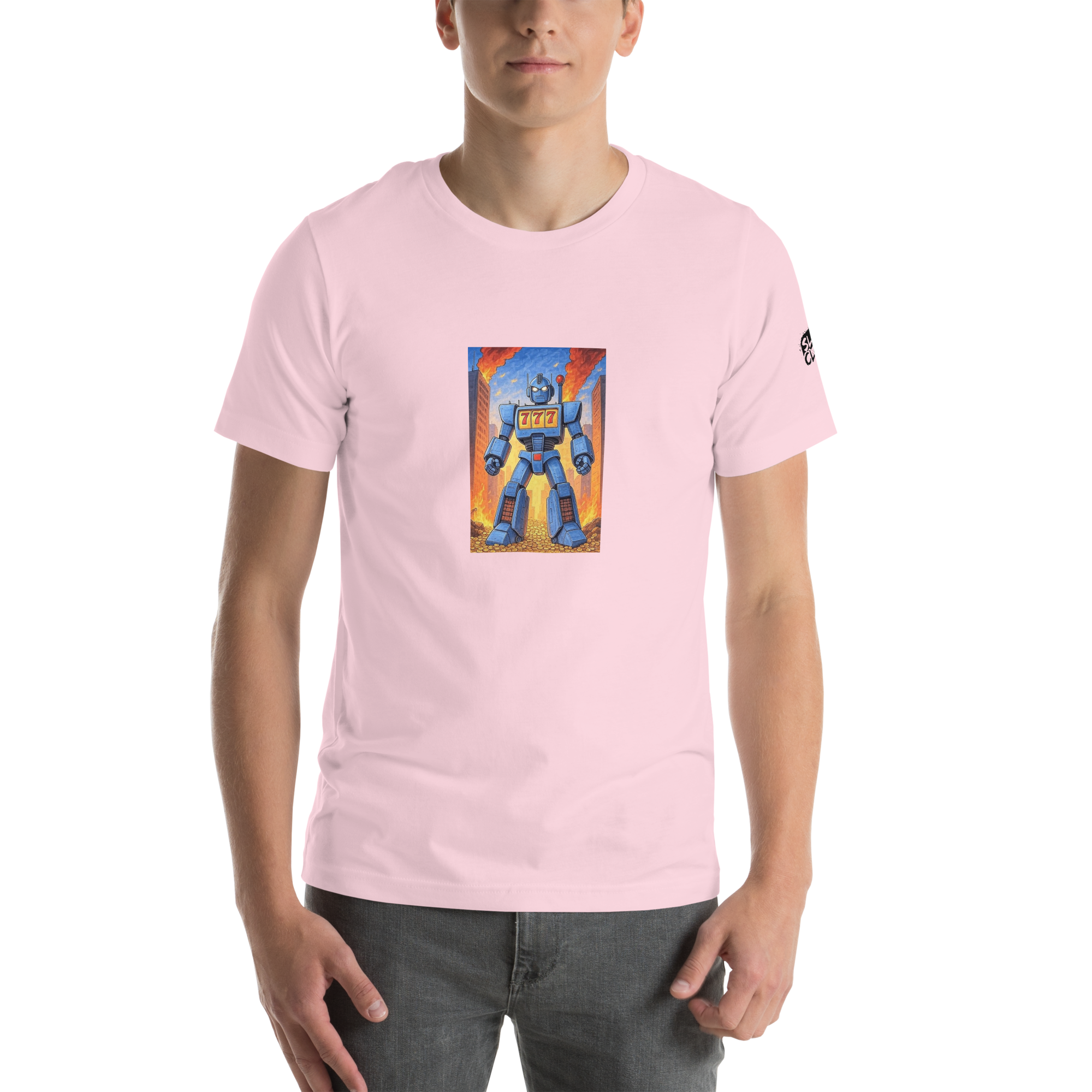 Pink t-shirt with blue robot and 777 slot machine design, quirky gaming apparel