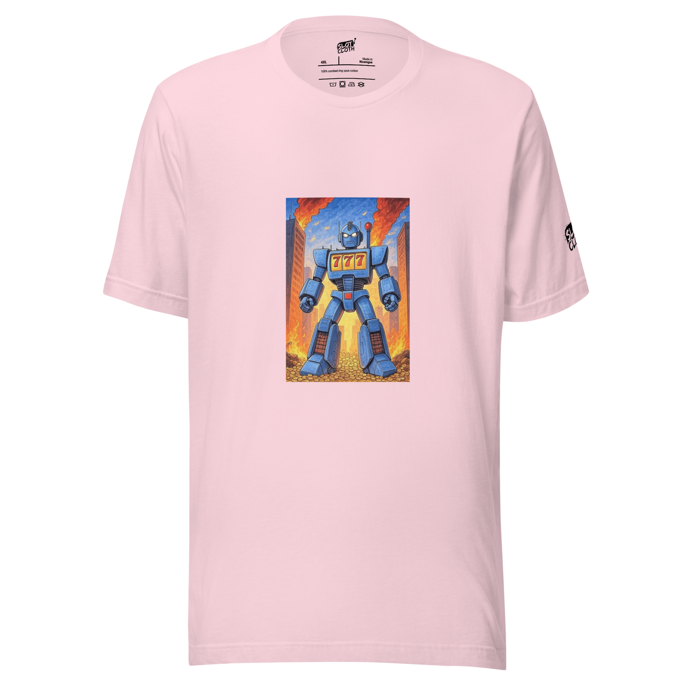 Pink t-shirt with blue robot design featuring 777, ideal for slot-themed fashion lovers