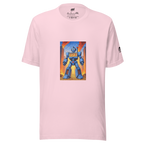 Pink t-shirt with blue robot design featuring 777, ideal for slot-themed fashion lovers
