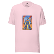 Pink t-shirt with blue robot design featuring 777, ideal for slot-themed fashion lovers
