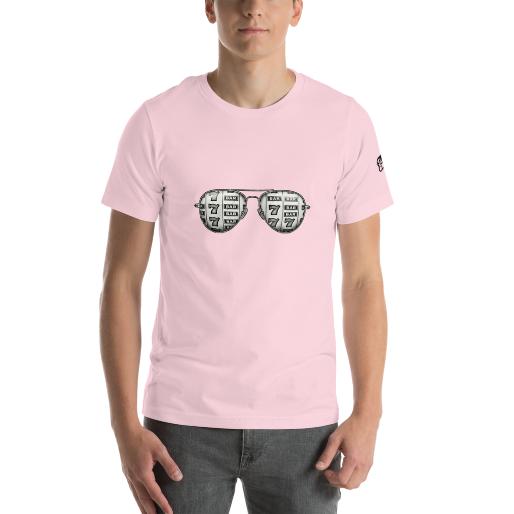 Pink t-shirt with slot machine sunglasses graphic, quirky casino-themed apparel for players