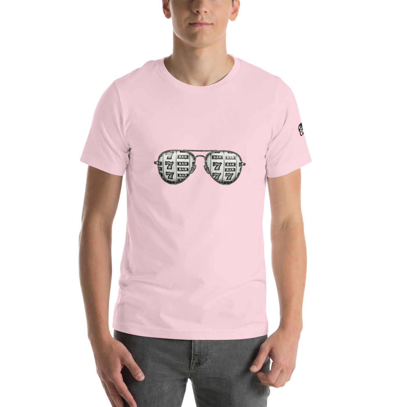 Pink t-shirt with slot machine sunglasses graphic, quirky casino-themed apparel for players