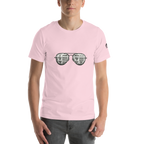 Pink t-shirt with slot machine sunglasses graphic, quirky casino-themed apparel for players