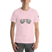 Pink t-shirt with slot machine sunglasses graphic, quirky casino-themed apparel for players