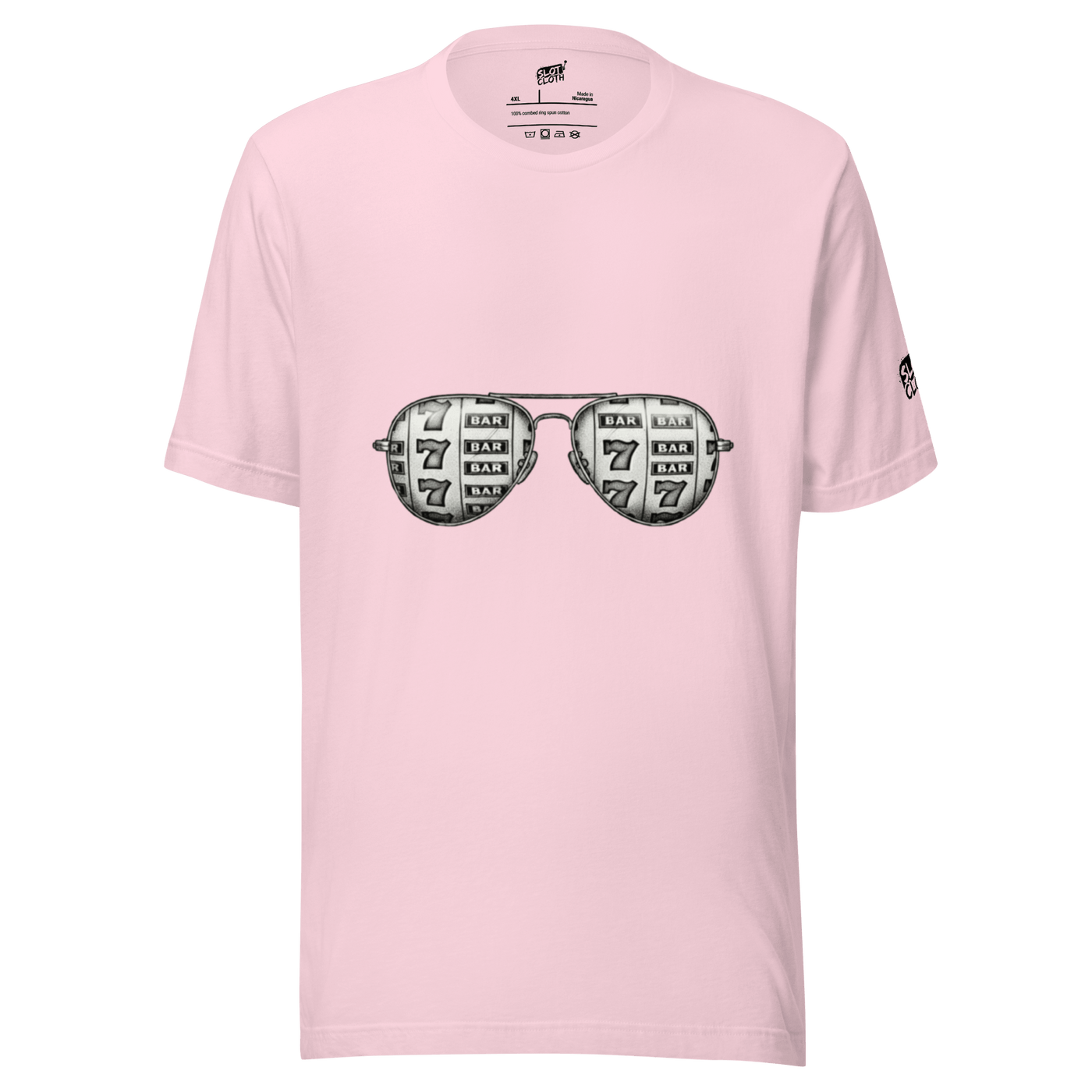 Pink slot-themed t-shirt with sunglasses graphic featuring 7s and BAR symbols for casino lovers