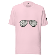 Pink slot-themed t-shirt with sunglasses graphic featuring 7s and BAR symbols for casino lovers