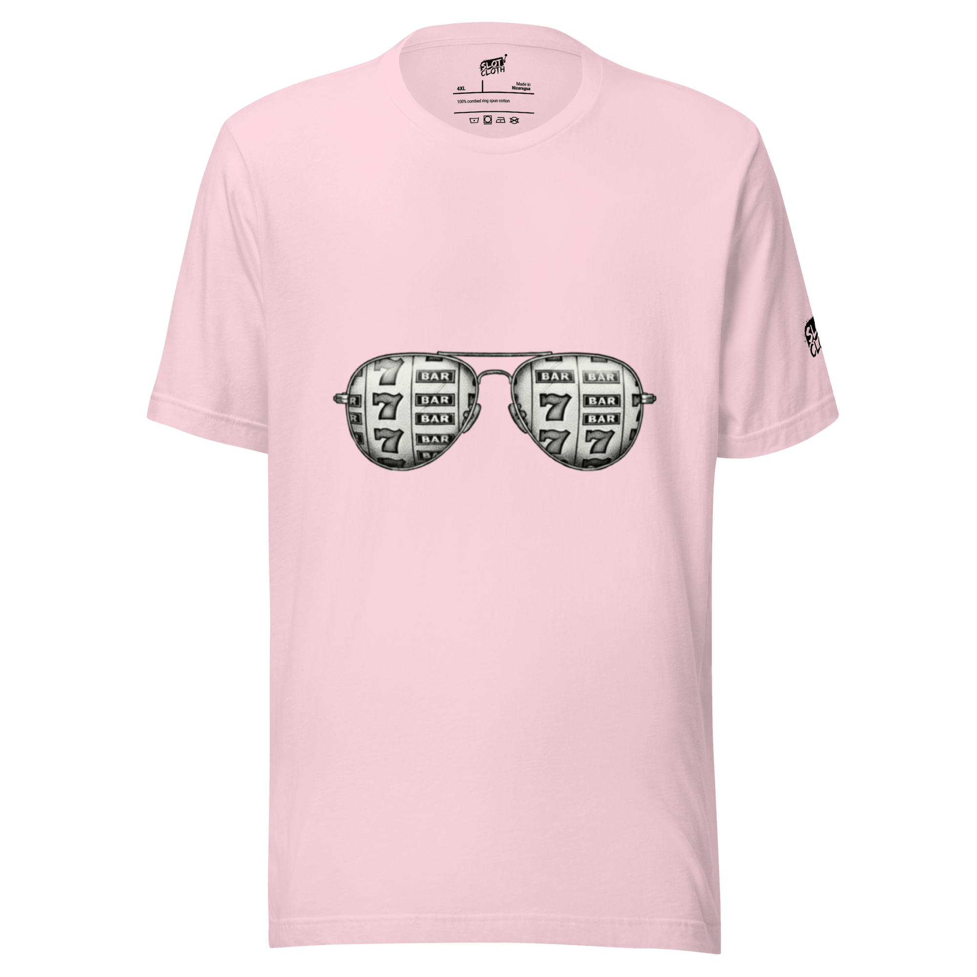 Pink slot-themed t-shirt with sunglasses graphic featuring 7s and BAR symbols for casino lovers