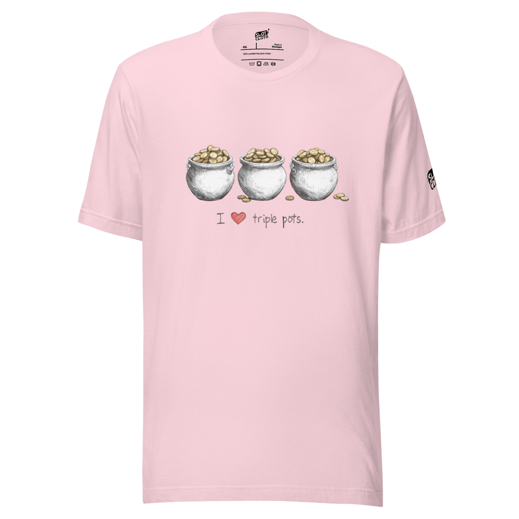 Pink t-shirt with 'I ❤️ triple pots' and three pots of gold design for slot-themed fashion