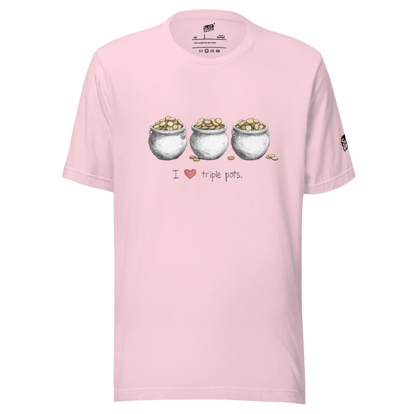 Pink t-shirt with 'I ❤️ triple pots' and three pots of gold design for slot-themed fashion