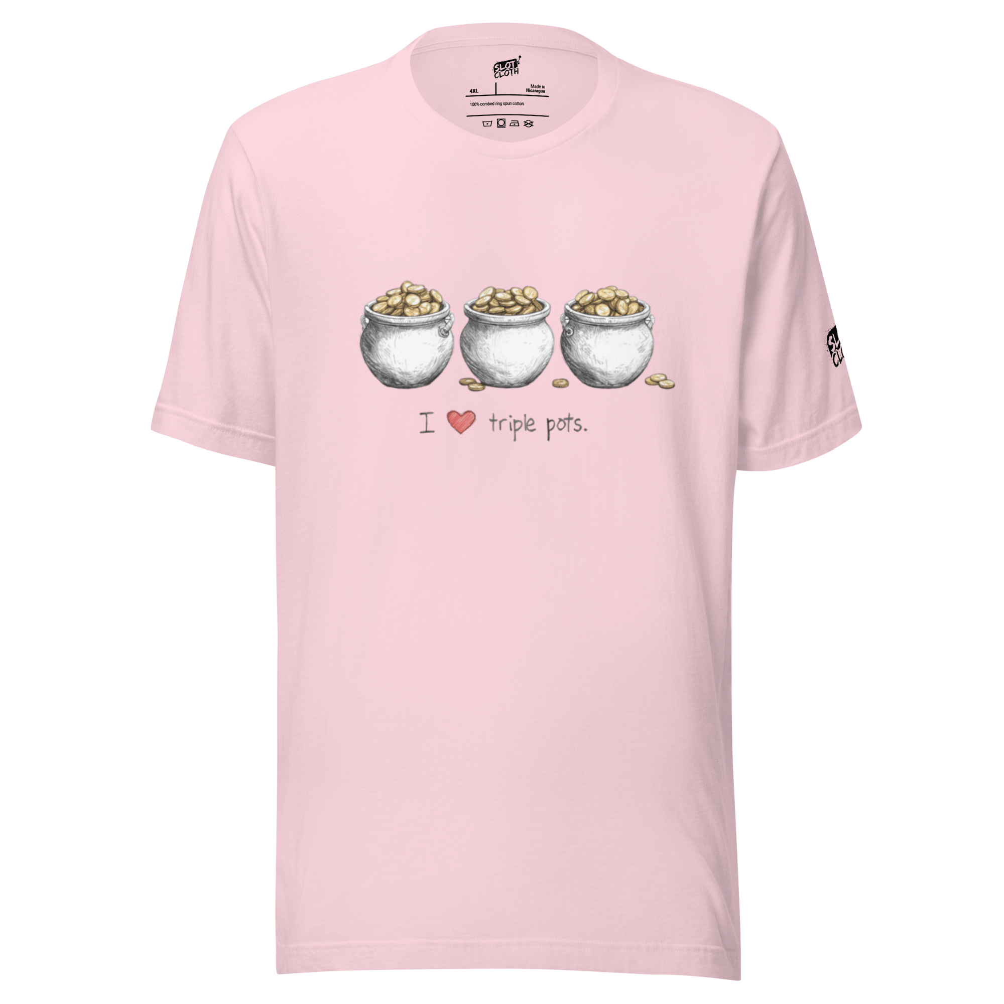 Pink t-shirt with 'I ❤️ triple pots' and three pots of gold design for slot-themed fashion