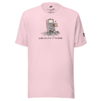 Pink t-shirt with broken slot machine graphic and text 'CAN YOU FIX IT TO WIN?'