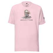 Pink t-shirt with broken slot machine graphic and text 'CAN YOU FIX IT TO WIN?'