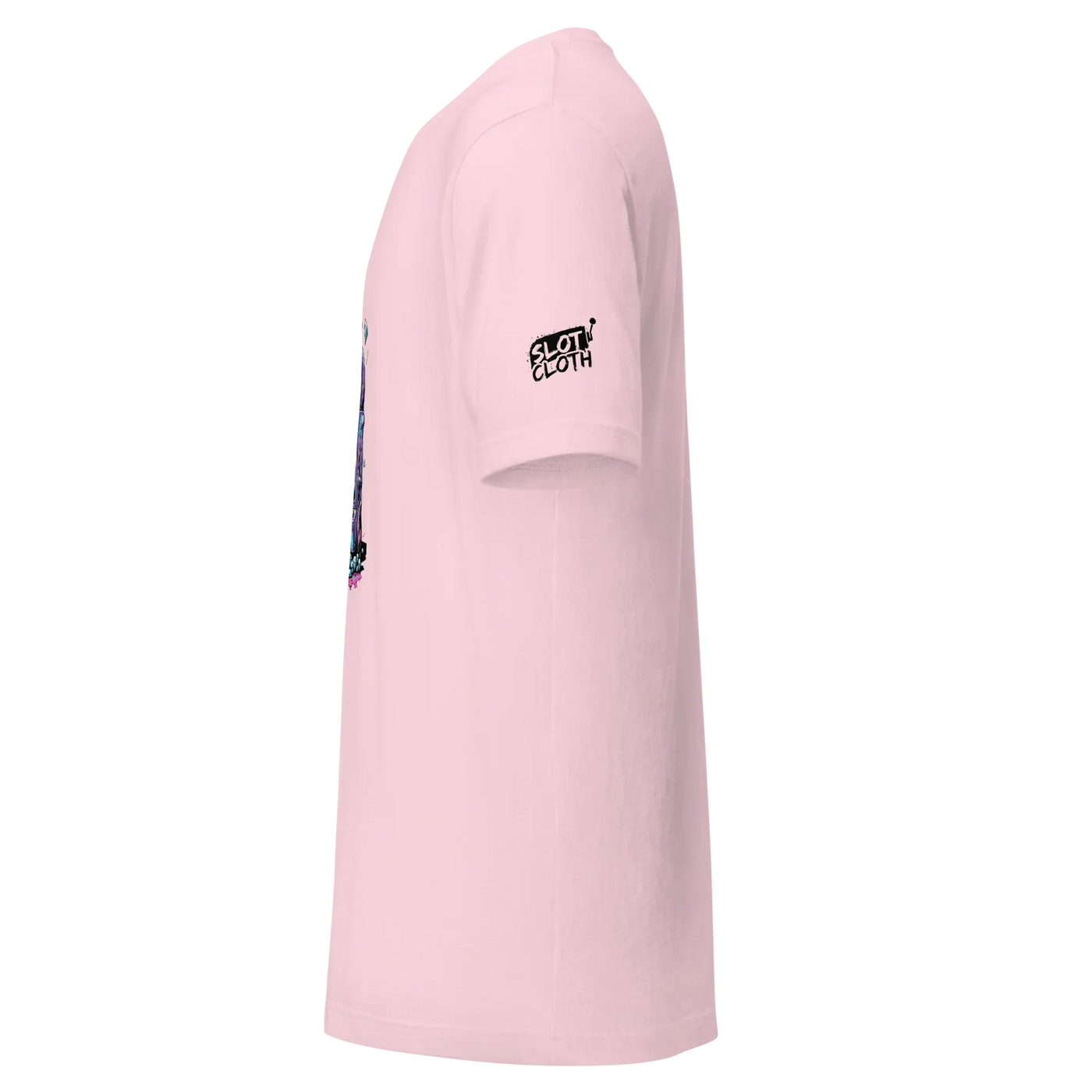 Pink Slot Cloth t-shirt with side graphic and sleeve logo, quirky gaming apparel for players