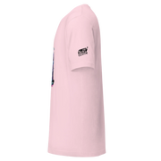 Pink Slot Cloth t-shirt with side graphic and sleeve logo, quirky gaming apparel for players