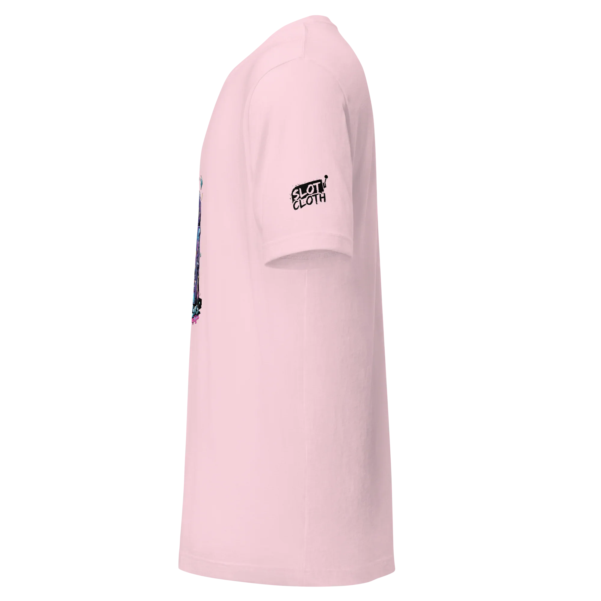 Pink Slot Cloth t-shirt with side graphic and sleeve logo, quirky gaming apparel for players