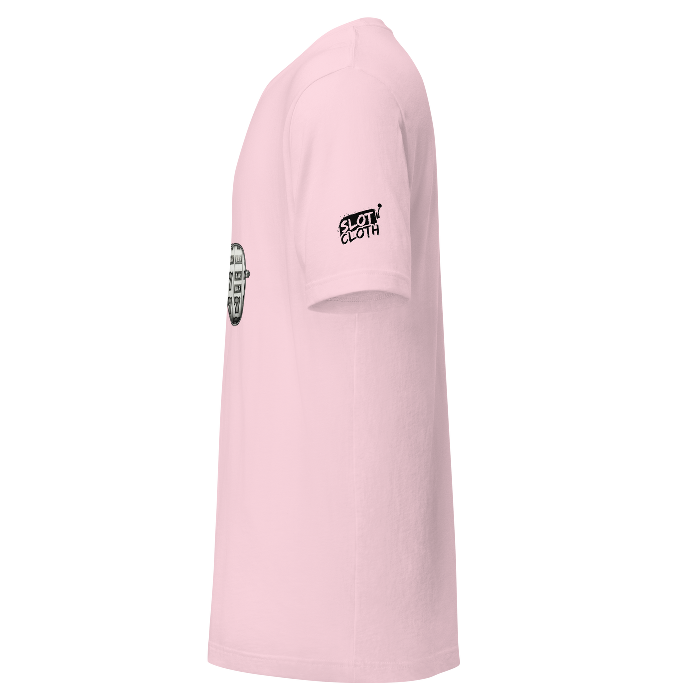 Pink Slot Cloth t-shirt with slot machine graphic and brand logo on sleeve