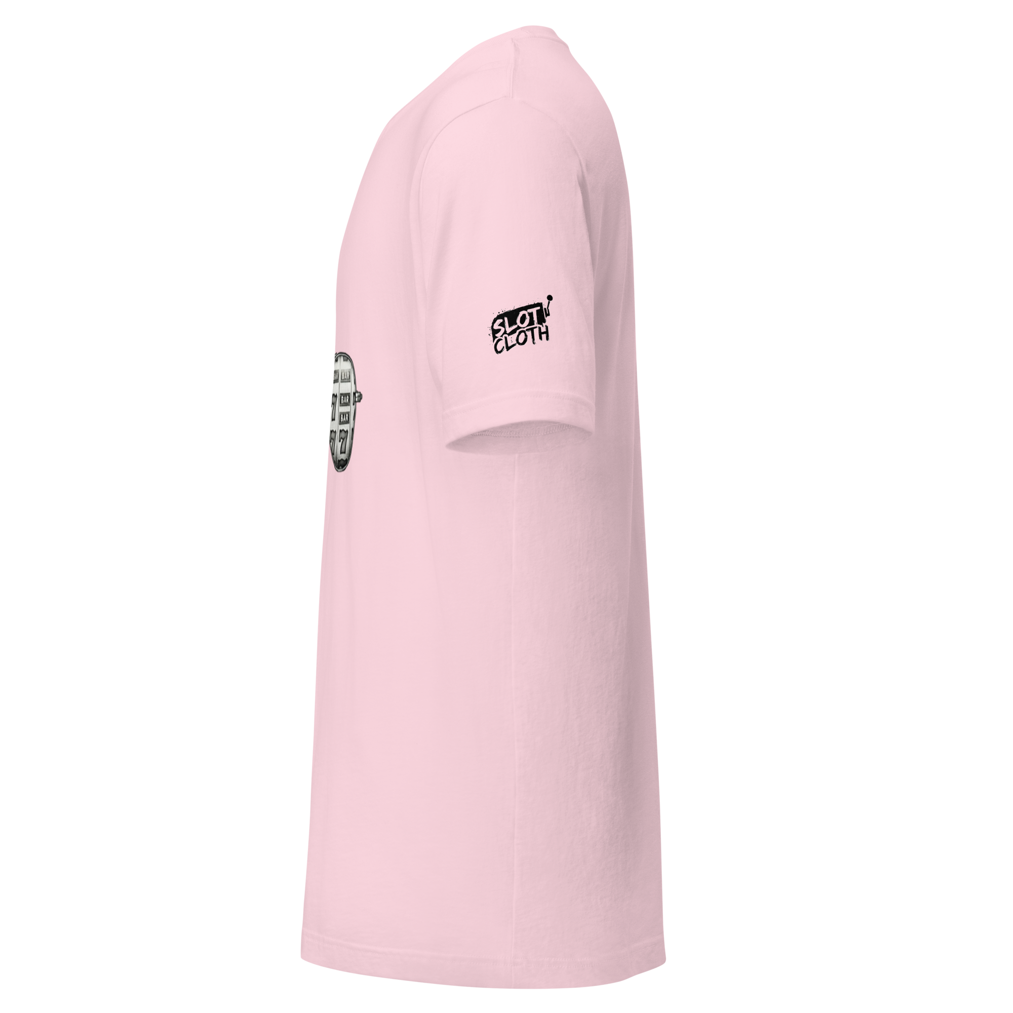 Pink Slot Cloth t-shirt with slot machine graphic and brand logo on sleeve