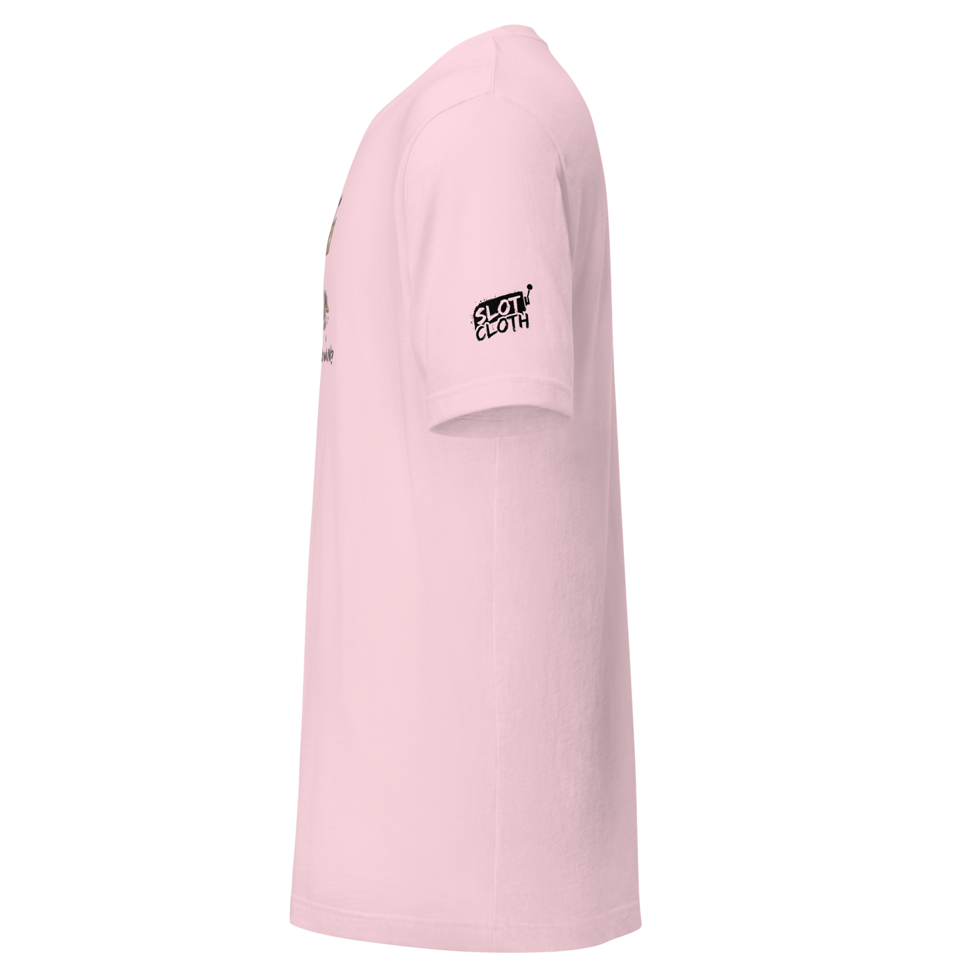 Pink Slot Cloth t-shirt with black logo on sleeve, featuring quirky casino-themed design for players