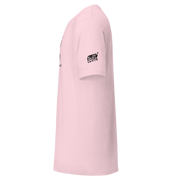Pink Slot Cloth t-shirt with black logo on sleeve, featuring quirky casino-themed design for players
