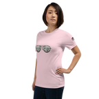 Pink t-shirt with slot machine-themed sunglasses design for quirky casino fashion