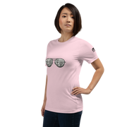 Pink t-shirt with slot machine-themed sunglasses design for quirky casino fashion