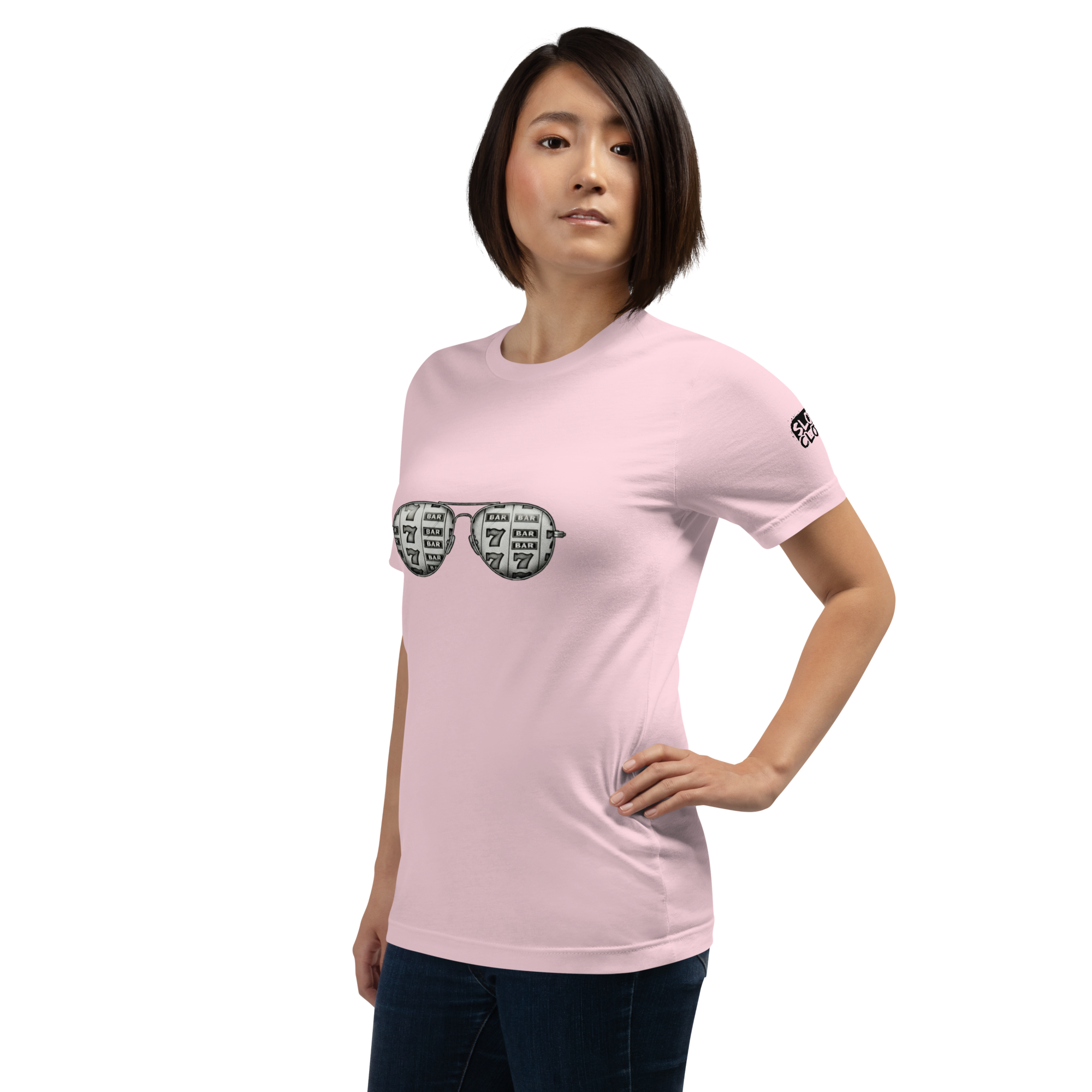 Pink t-shirt with slot machine-themed sunglasses design for quirky casino fashion