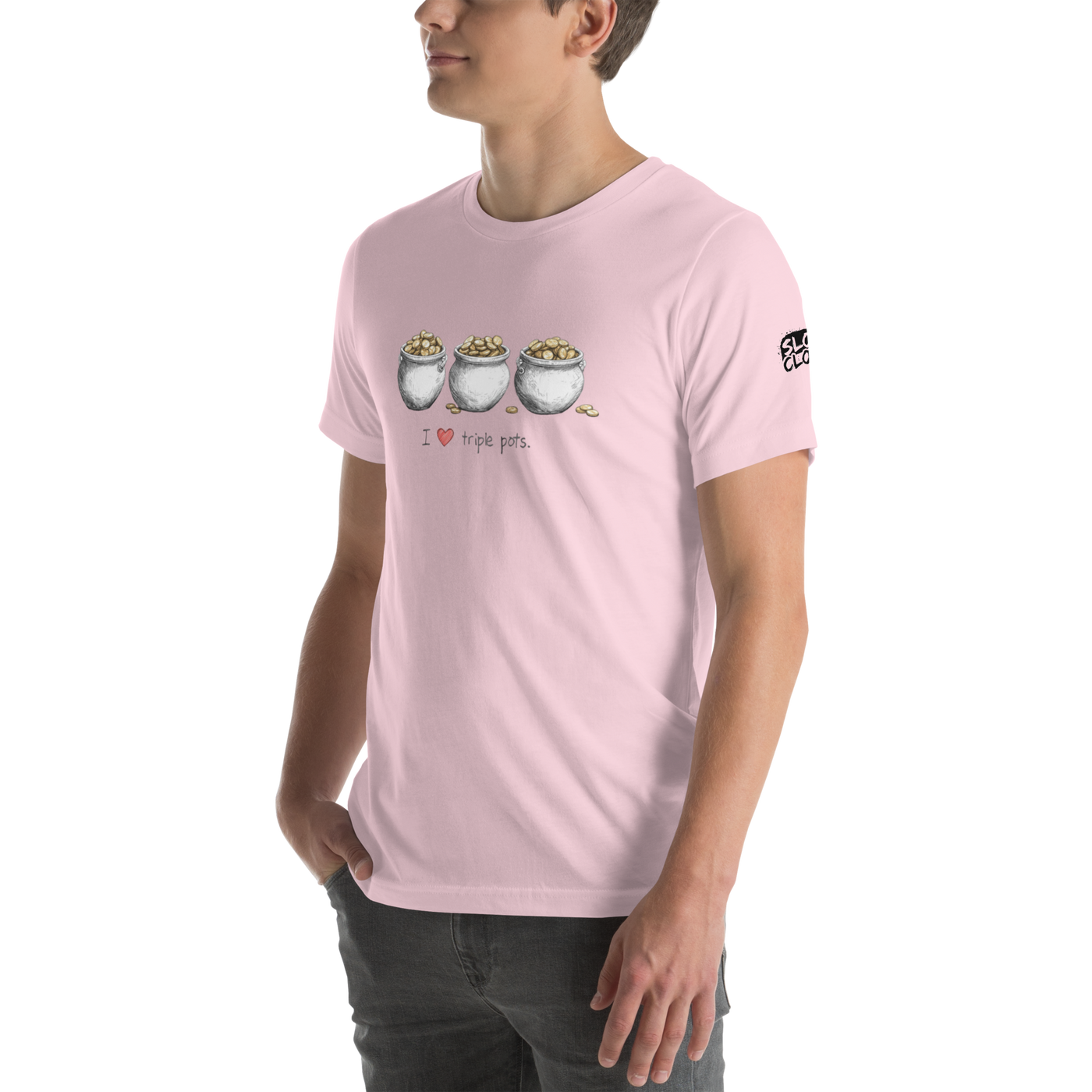 Pink t-shirt with 'I ❤️ triple pots' design featuring three pots of gold, ideal for slot-themed fashion.