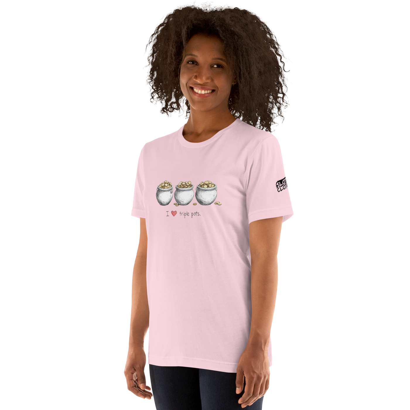 Pink t-shirt with 'I ❤️ triple pots' graphic, featuring three pots of gold coins, perfect for slot lovers.