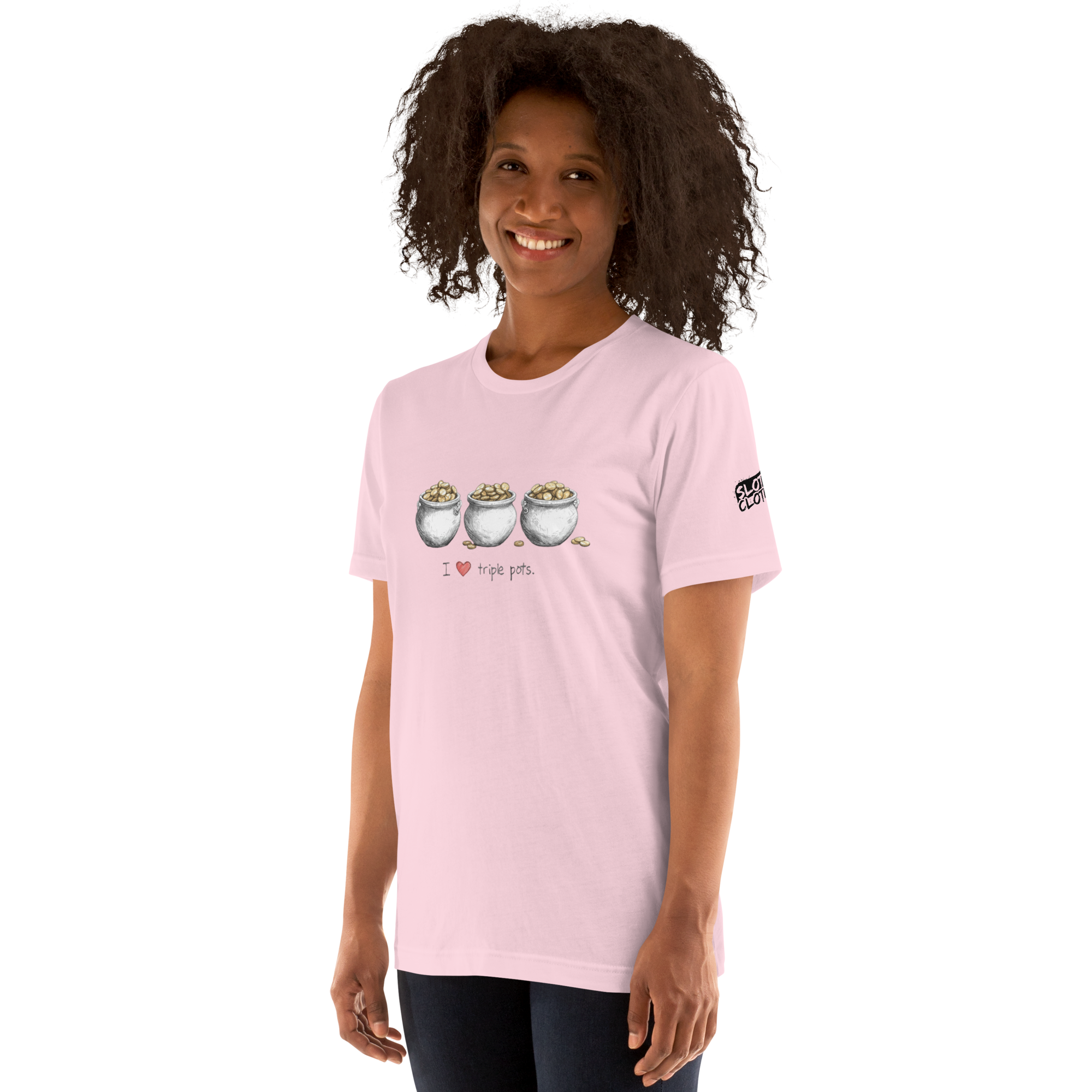 Pink t-shirt with 'I ❤️ triple pots' graphic, featuring three pots of gold coins, perfect for slot lovers.
