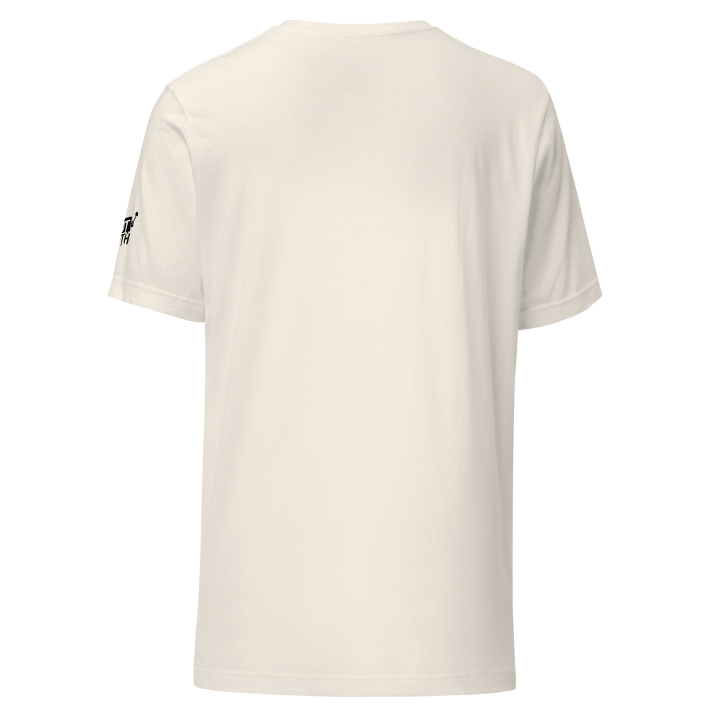Cream slot-themed t-shirt with black logo on sleeve, back view for casino players